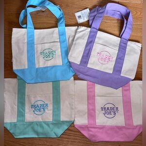 Trader Joe's Canvas Tote Bag Set Purple Pink Green Blue INCLUDES ALL 4
